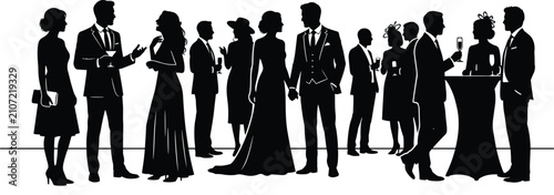 Elegant silhouettes of people in formal attire socializing, conversing, holding drinks, and enjoying sophisticated gathering or party event atmosphere
