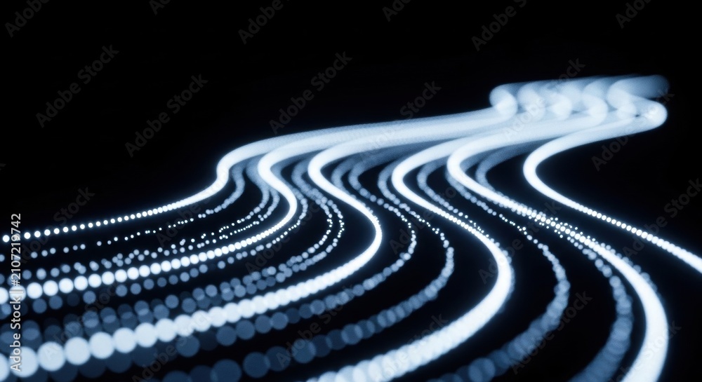 Fototapeta premium Abstract perspective view of multiple sinuous paths composed of glowing light blue and white particles flowing across a black background with a shallow depth of field and bokeh.