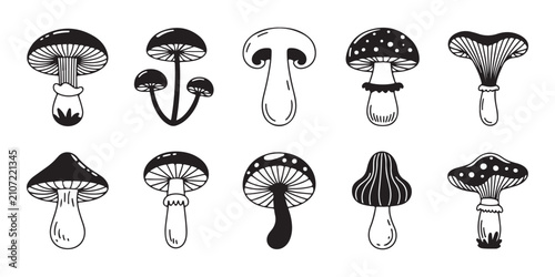 Foto Creative stylized mushroom silhouettes with unique patterns and gill details for modern artistic graphics