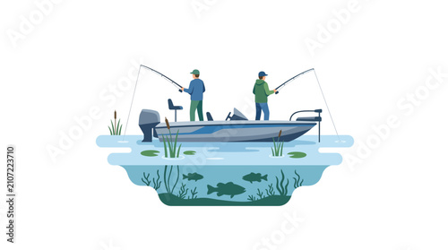 Canvastavla Two fishermen angling from a motorboat on a calm pond