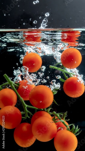 Fresh cherry tomatoes in clear glass bowl.