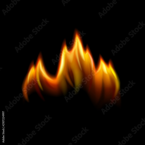 Realistic fire flame burning on black background. Hot orange yellow blaze fire effect digital vector art. Food advertising spice heat product