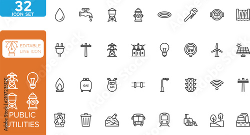 Public utilities line editable Icons set. Vector illustration. Contains icons related to public utilities, Gas, electricity, water, heating, and more. on transparent background.