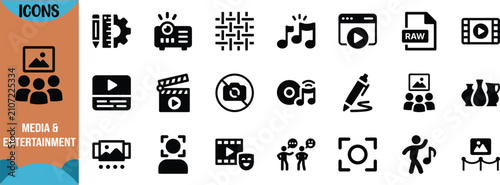 Creative media art vector icons. clapboard icon set, projector icon set, music icon set