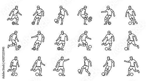 Fotografie Soccer Player Action Poses: Kicking, Running, Dribbling - Line Art Collection