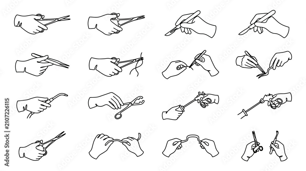 Obraz premium Surgical Instruments Held by Gloved Hands: A Collection of Medical Tools in Line Art