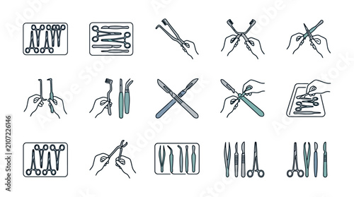Φωτογραφία Surgical Instruments Icons Set: Scalpels, Forceps, Tweezers, Scissors - Medical