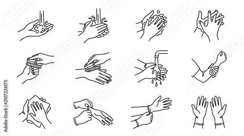 Schilderij op canvas Hygiene Hands Washing Set: Step-by-step illustration of hand washing and sanitiz