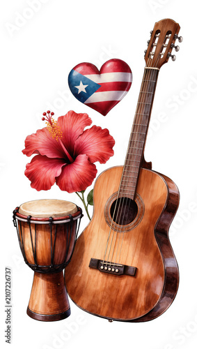 Bild auf Leinwand Isolated musical instruments with Puerto Rican flag heart and red hibiscus flowe