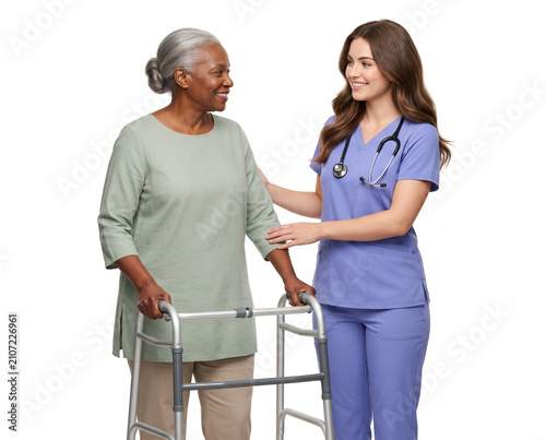 white female nurse supporting black senior woman using walker for senior care rehabilitation and independent living isolated on white