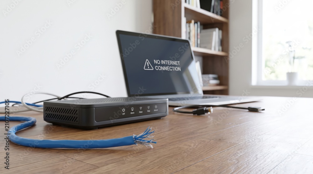 Naklejka premium Disconnected internet router and office computer during network outage, remote work disruption, communication failure, digital infrastructure crisis.