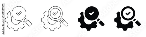 Quality Assurance Search Icons Set, Business Audit, Process Verification, Quality Control Inspection, Approved Checklist, Magnifying Glass with Gear and Check Mark, Outline and Solid Style Isolated Ve