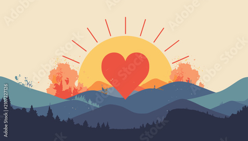 Fotografía A vibrant illustration of a heart-shaped sun rising over serene rolling hills and a tranquil landscape