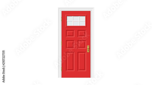 Bright red wooden door with glass panel and handle.