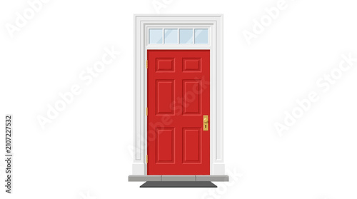Bright red wooden front door with gold handle.