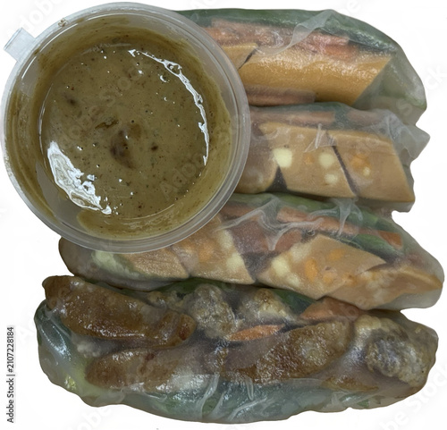 Принти на полотні isolated Thai-Vietnamese fresh spring rolls with mixed vegetables and meat, served with spicy peanut dipping sauce