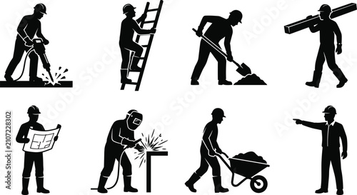 Fotografie Construction workers and industrial site occupations black silhouettes set featu