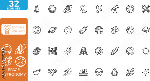 Space & Astronomy line editable Icons set. vector illustration. Containing satellite, universe, astronaut, rocket, comet, telescope and planet and more icons. on transparent background.