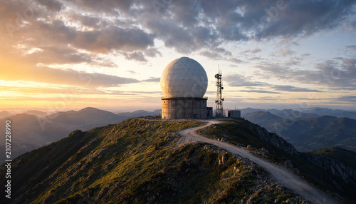 Fotografía Large white radar dome station located on a mountain peak during a scenic sunset