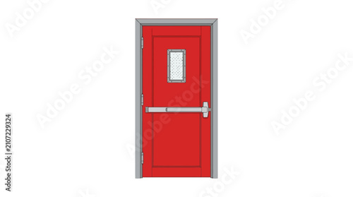 Red fire rated door with glass window and handle.