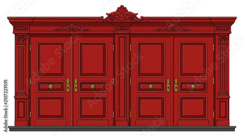 Ornate Red Wooden Cabinet with Gold Hardware.