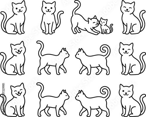 Set of cute black and white line art cat vector illustrations in various sitting and walking poses