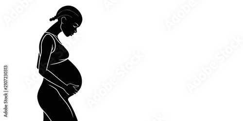 Black pregnant woman silhouette profile view, motherhood symbol, monochrome pregnancy