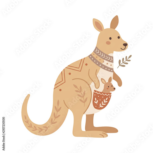 Children's cartoon kangaroo with joey illustration decorative style