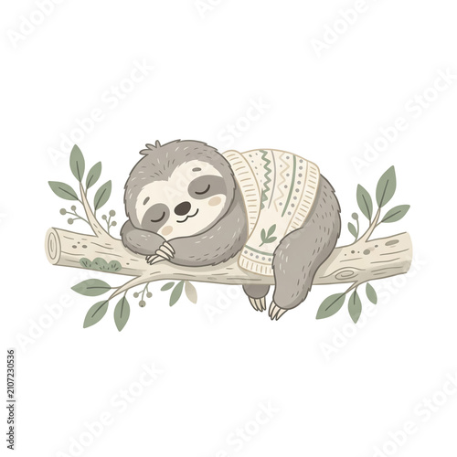 Children's cartoon sloth illustration with sweater decorative Scandy style