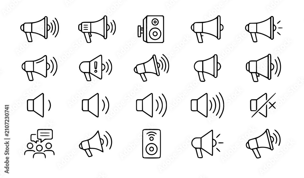 Fototapeta premium Megaphone Loudspeaker Line Art Icon Set Vector Illustration