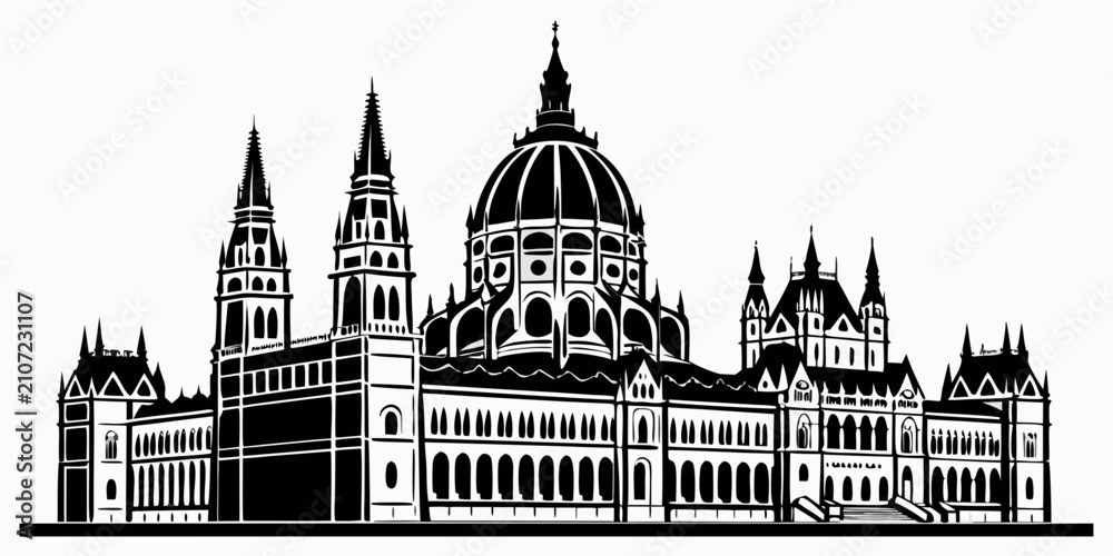 Obraz premium Black silhouette of grand historic european building with ornate architecture historic building