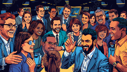 A large group of diverse professionals smiling and interacting in a lively business or social gathering with a positive atmosphere.