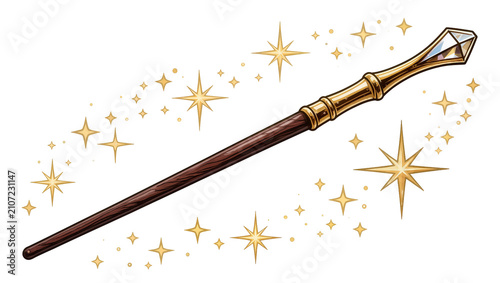 Cuadro en lienzo Isolated ornate fantasy magic wand with sparkling golden stars and glowing cryst
