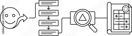 “Vector illustration showing workflow process from input to structured steps, analysis inspection, and final planning blueprint design”
