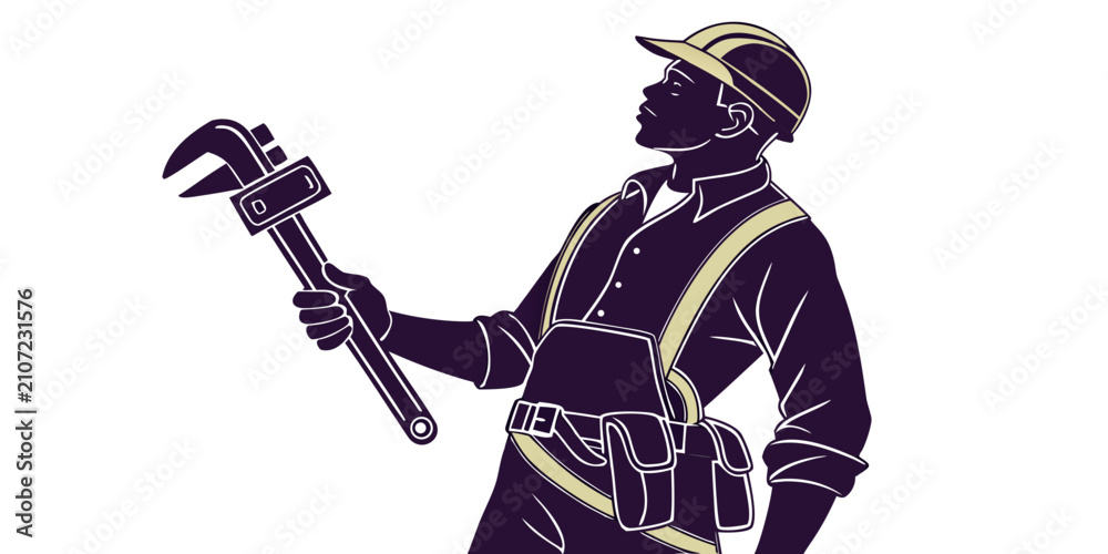 Fototapeta premium Plumber silhouette with wrench, toolbelt, isolated on white background, pipe