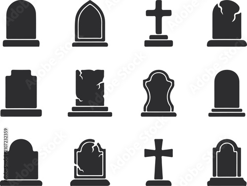 Set of gravestones and tombstones icons, cemetery markers for halloween design