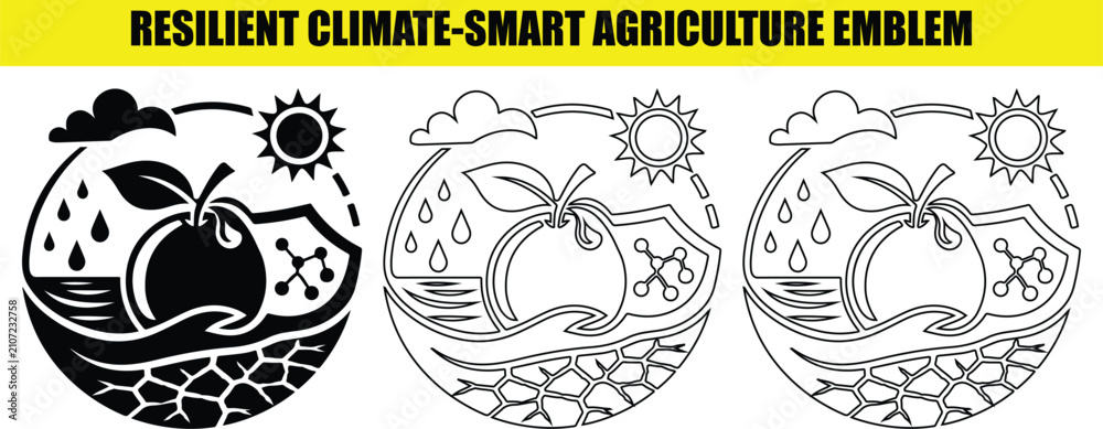 Fototapeta premium Resilient climate smart agriculture emblem collection with drought and irrigation symbols set vector.