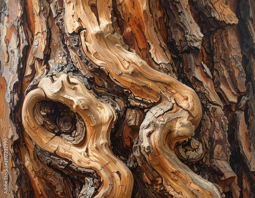 Detailed depiction of weathered bark revealing intricate patterns, textures, and a light-struck, gnarled section