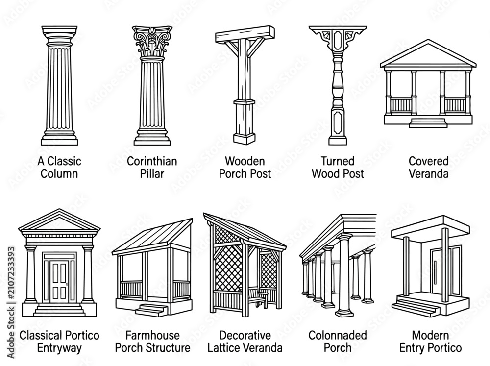 Fototapeta premium Set of architectural elements for porch and entryway design, including classic columns, pillars, verandas, porticos, and decorative wooden posts