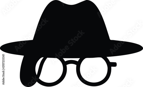 Fotografie Mysterious incognito mode icon with a classic fedora hat and round glasses silho