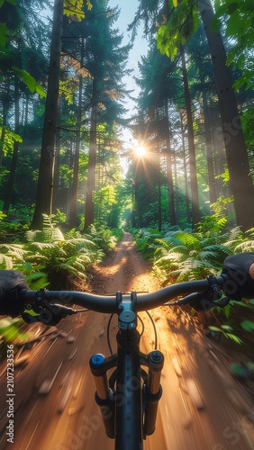 Serene forest path with dappled sunlight and mossy rocks.