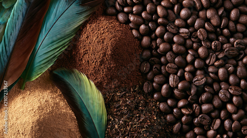 Coffee beans, grounds, and cinnamon with tropical leaves