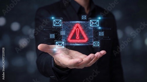 Obraz na płótnie cyber security and email spam warning concept showing businessman holding open palm with glowing red warning sign and email icons