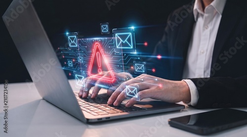 Canvastavla cybercrime and phishing warning concept featuring professional working on computer with electronic email hacking symbols and digital circuit board graphics