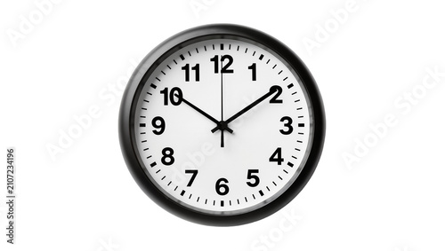 Isolated classic round black wall clock with dark hands and numbers, time passing concept
