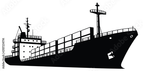 Black cargo ship silhouette isolated on white background