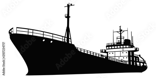 Black cargo ship silhouette on white background, isolated
