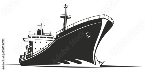 Black cargo ship silhouette isolated on white background, ship profile
