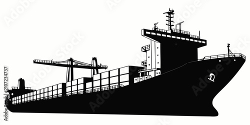 Black cargo ship silhouette with stacked shipping containers on white background