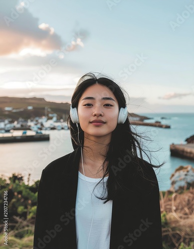Young woman in black blazer standing by waterfront.